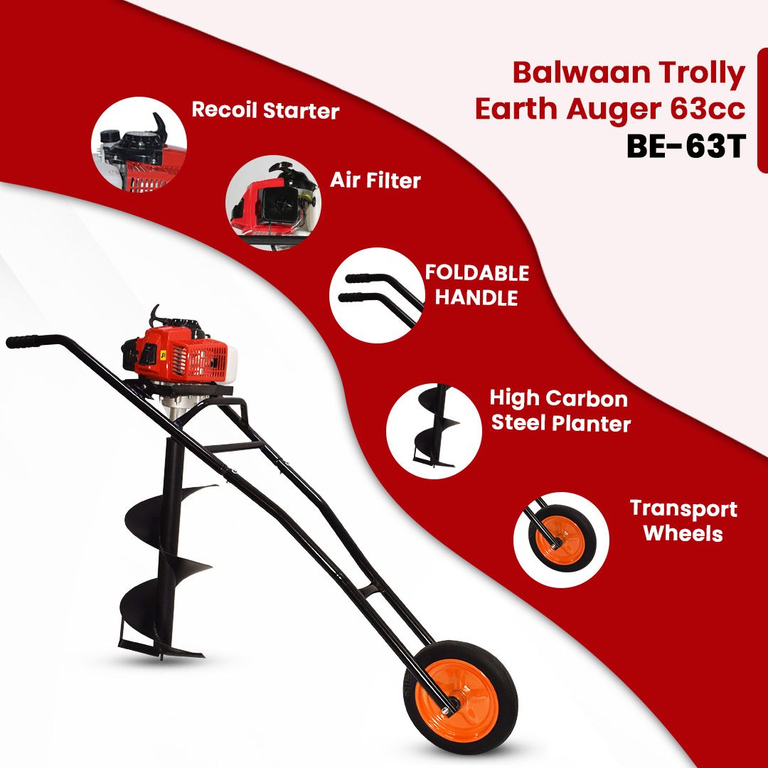 Balwaan Trolly Earth Auger 63Cc Double Gear box With 8' and 12' Planter